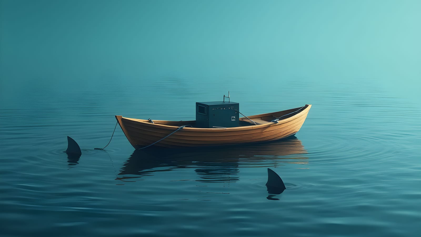 A wooden lifeboat adrift on dark water with a burning server rack standing upright inside it