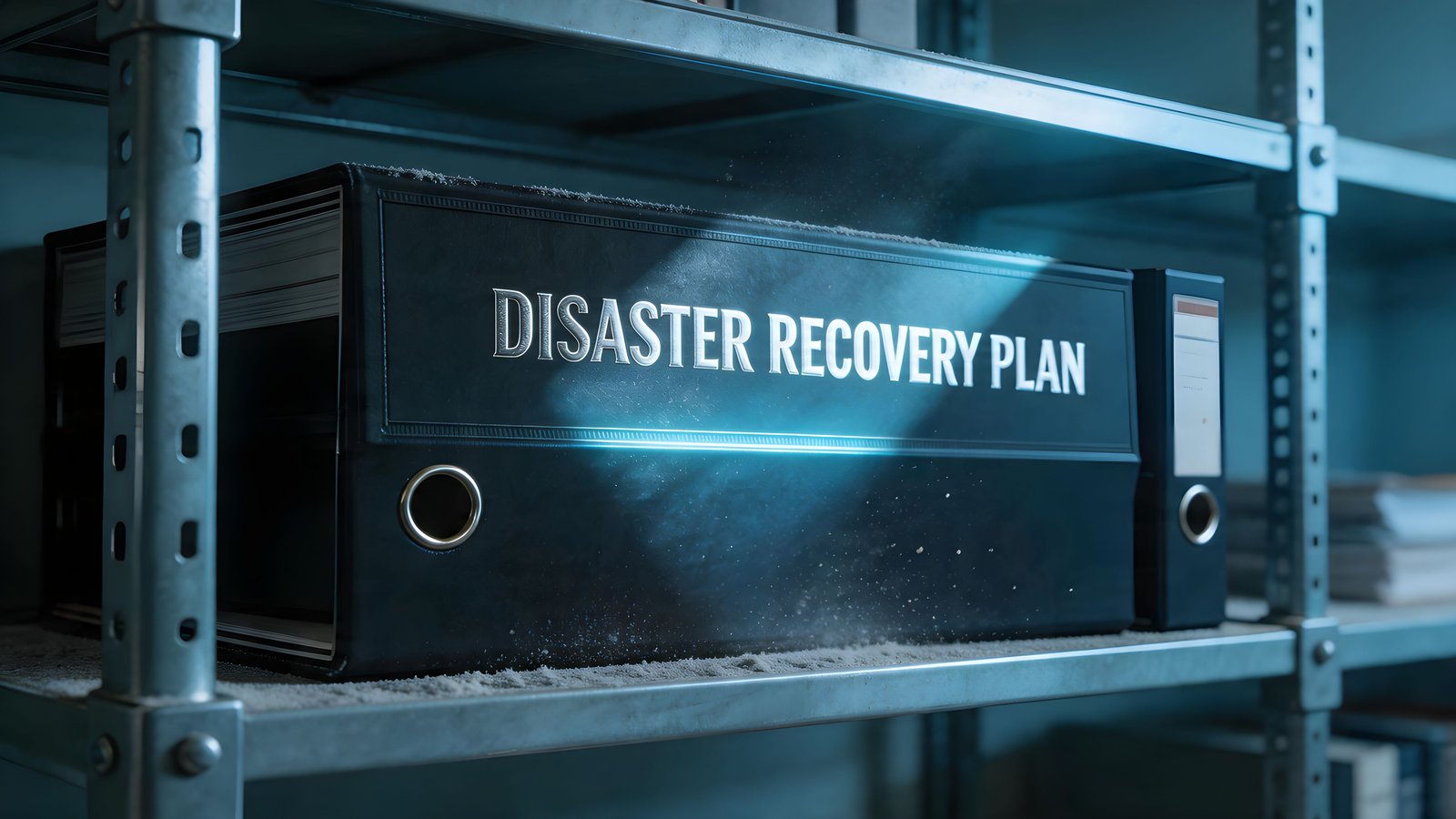 A thick three-ring binder labeled "Disaster Recovery Plan" sitting on a dusty shelf, a shaft of light across its spine