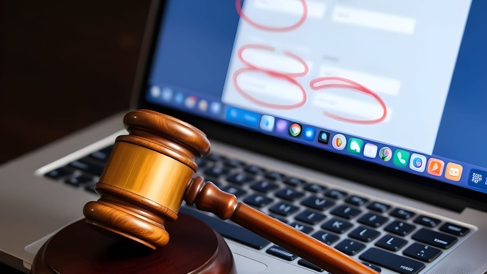 A wooden judge's gavel resting on a laptop keyboard, the laptop screen showing a website with several form fields circled in red